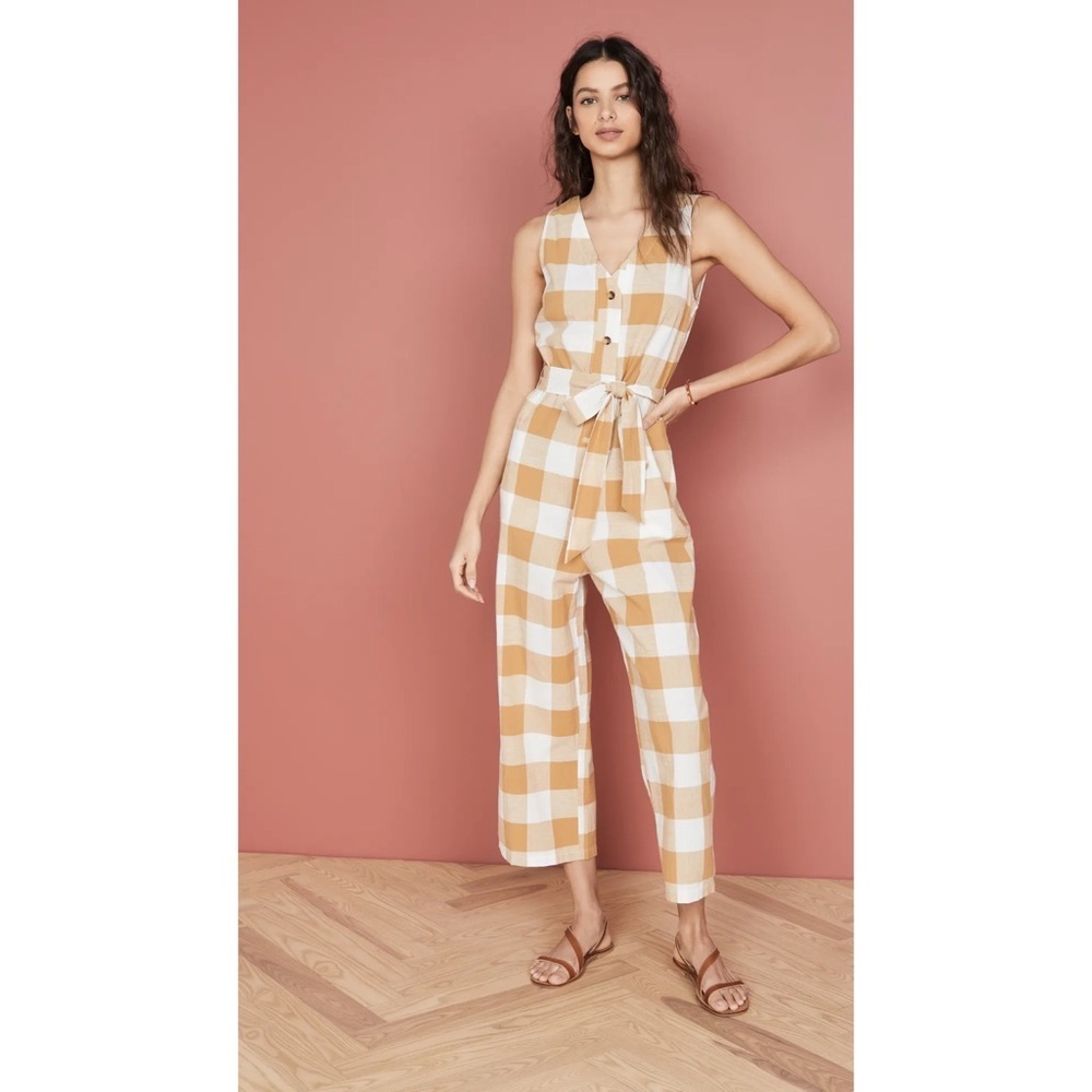 Trovata Birds Of Paradise Mindy Yellow Plaid Wide Leg Jumpsuit Sz M